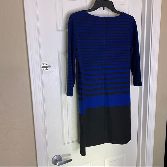 Ann Taylor Petite Medium Long Sleeve Blue Black Striped Shift Dress - Picture 4 of 9
